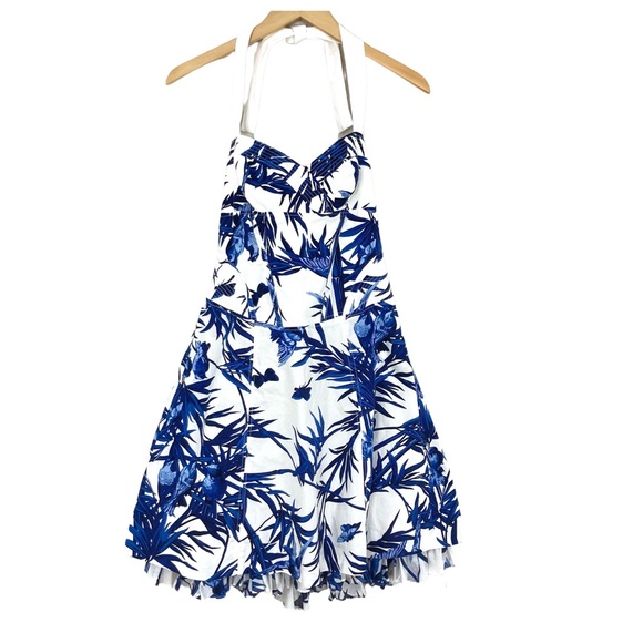 Karen Millen Dresses & Skirts - Karen Millen Birds of Paradise Blue White Halter Dress Corset Back Women’s Sz 10